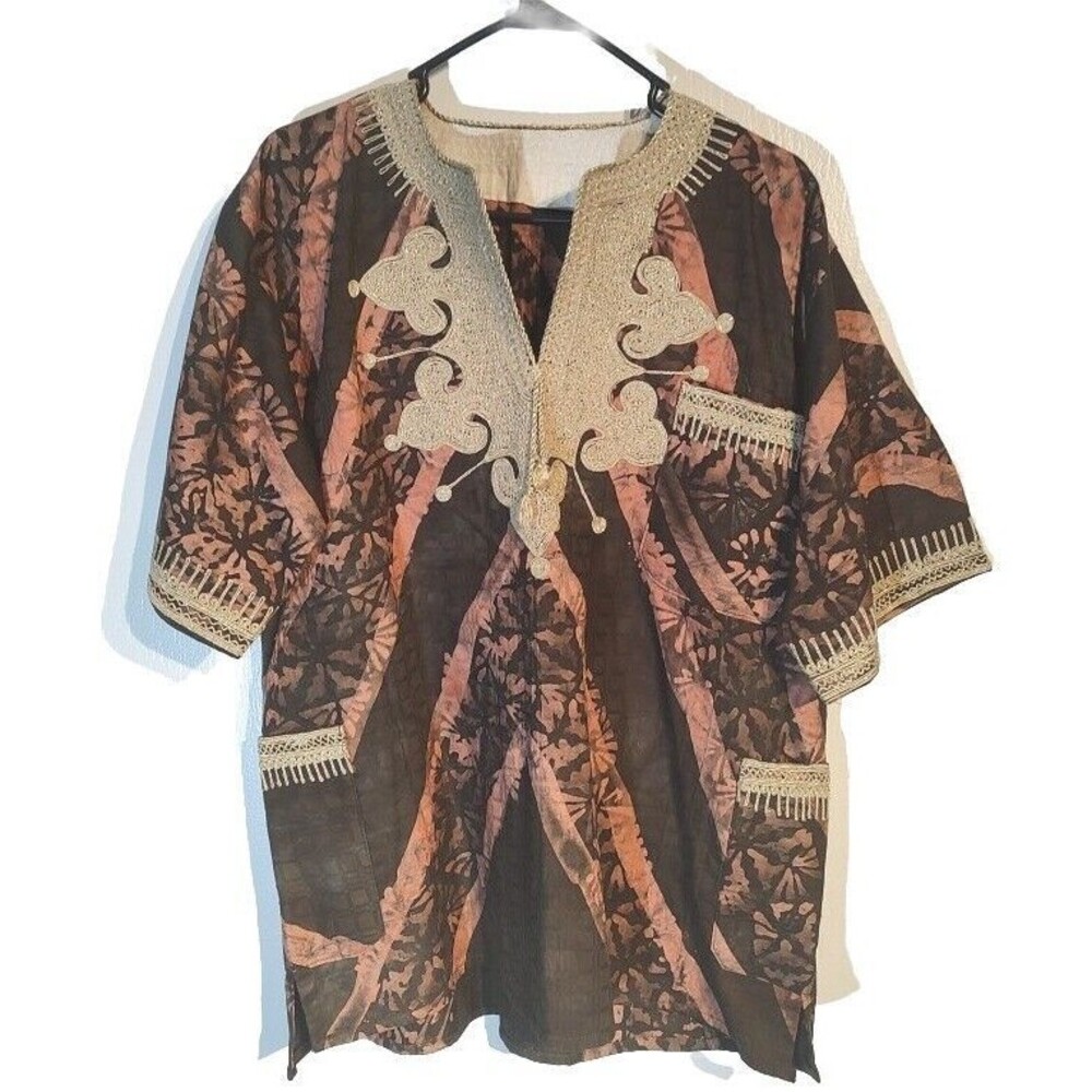 Tribal India African Hippie Kurta Men Shirt Short Sleeve Hand Made Orig  brown